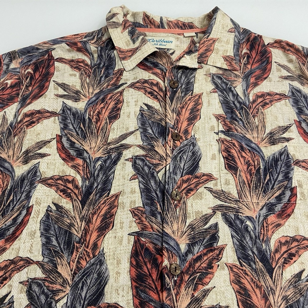 Caribbean Men's Hawaiian Button Front Polo‎ All Over Palm Leaf XL Silk Blend